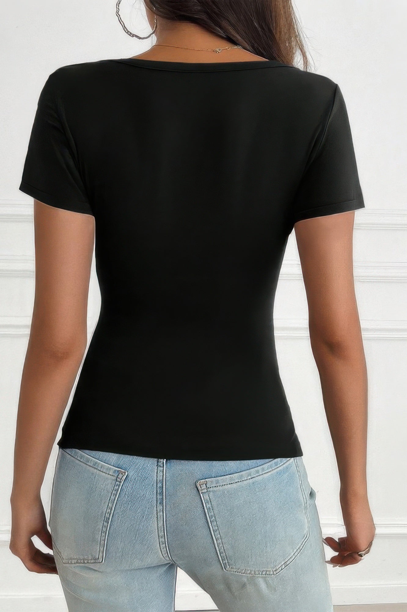V Neck Solid Lace Splicing Button Fitted Shirt