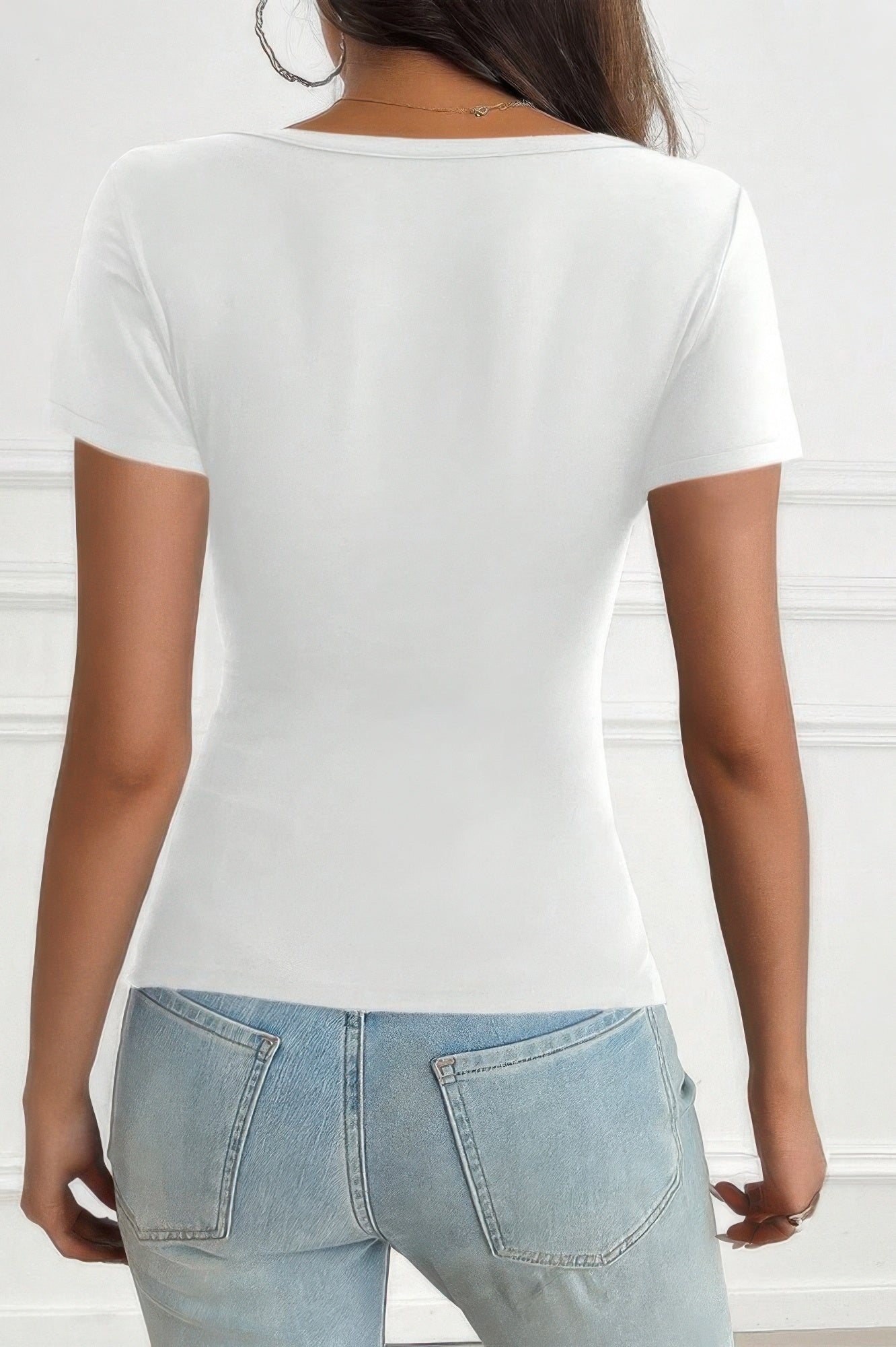 V Neck Solid Lace Splicing Button Fitted Shirt