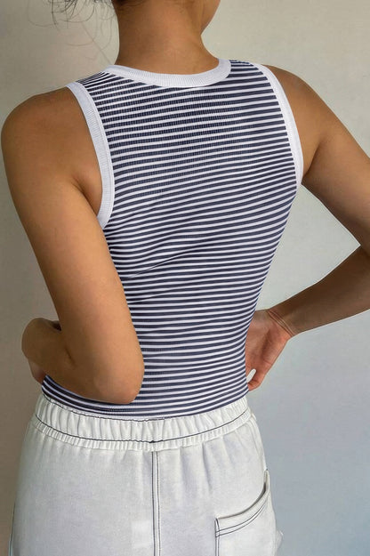 Striped Round Neck White Trim Crop Fitted Tank Top