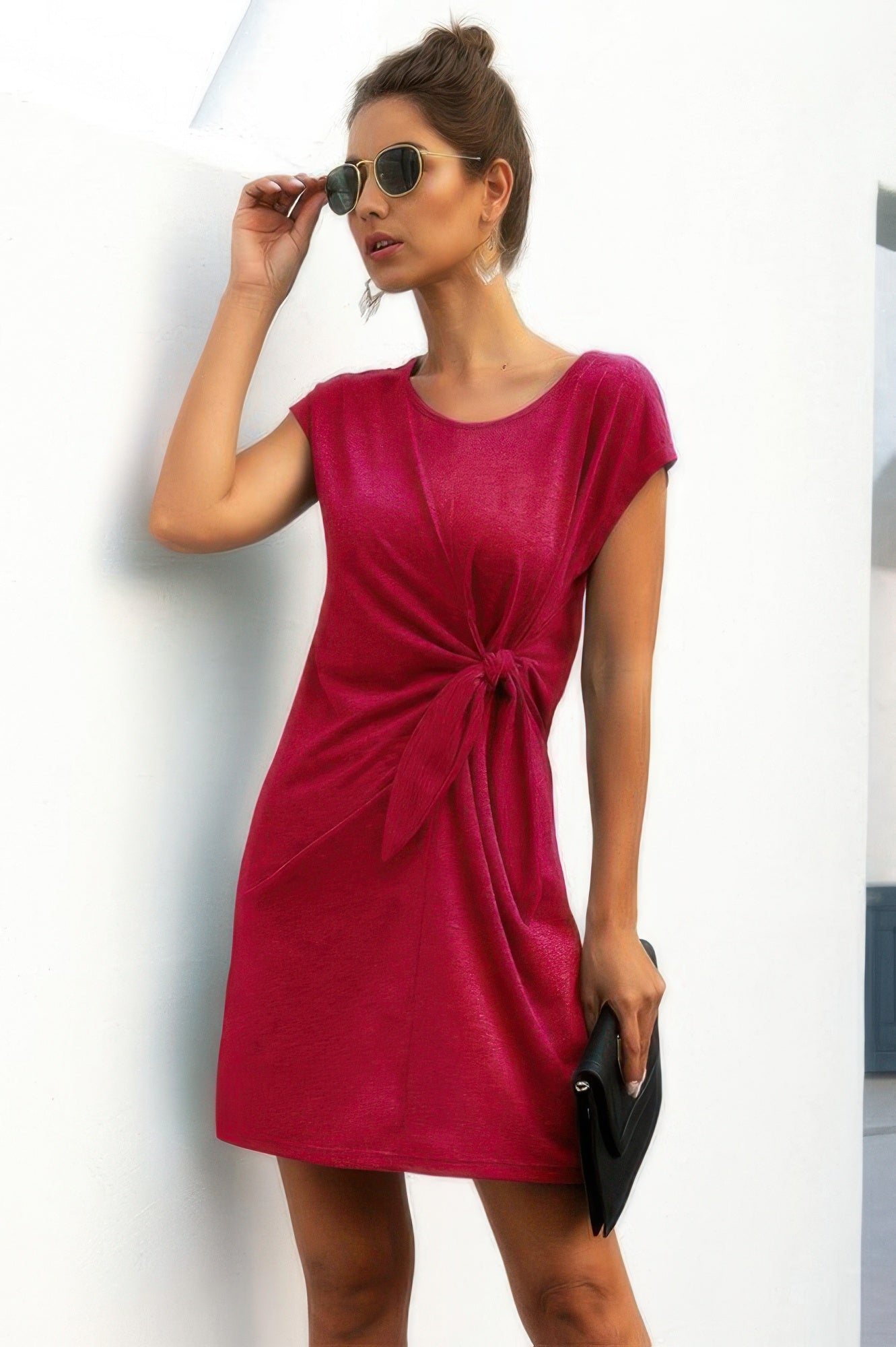 Solid Twist Knot Front Short Sleeve Tee Fit Dress