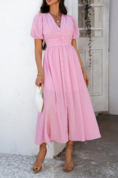 Solid V Neck Puff Sleeves Solid Knot Detail Dress