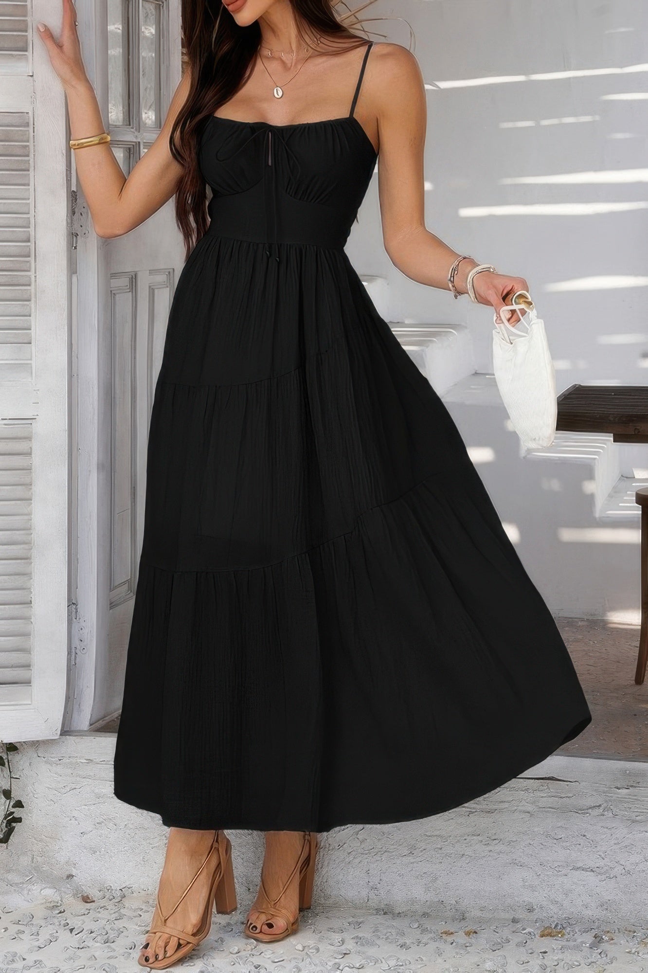 Solid Sleeveless Smocked Tiered Maxi Cami Dress