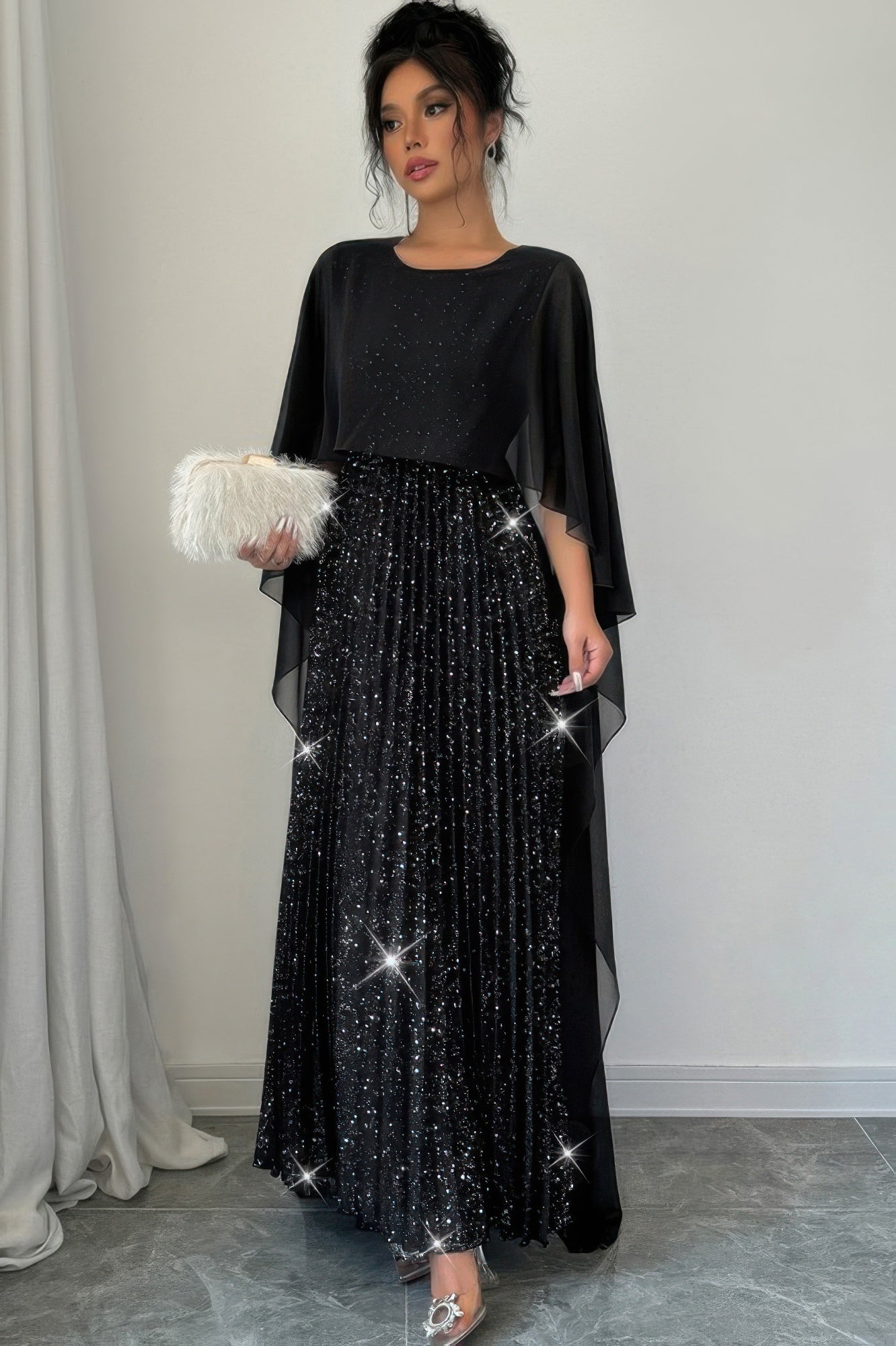 Solid Elegant Sequin Satin Knit Party Long Dress