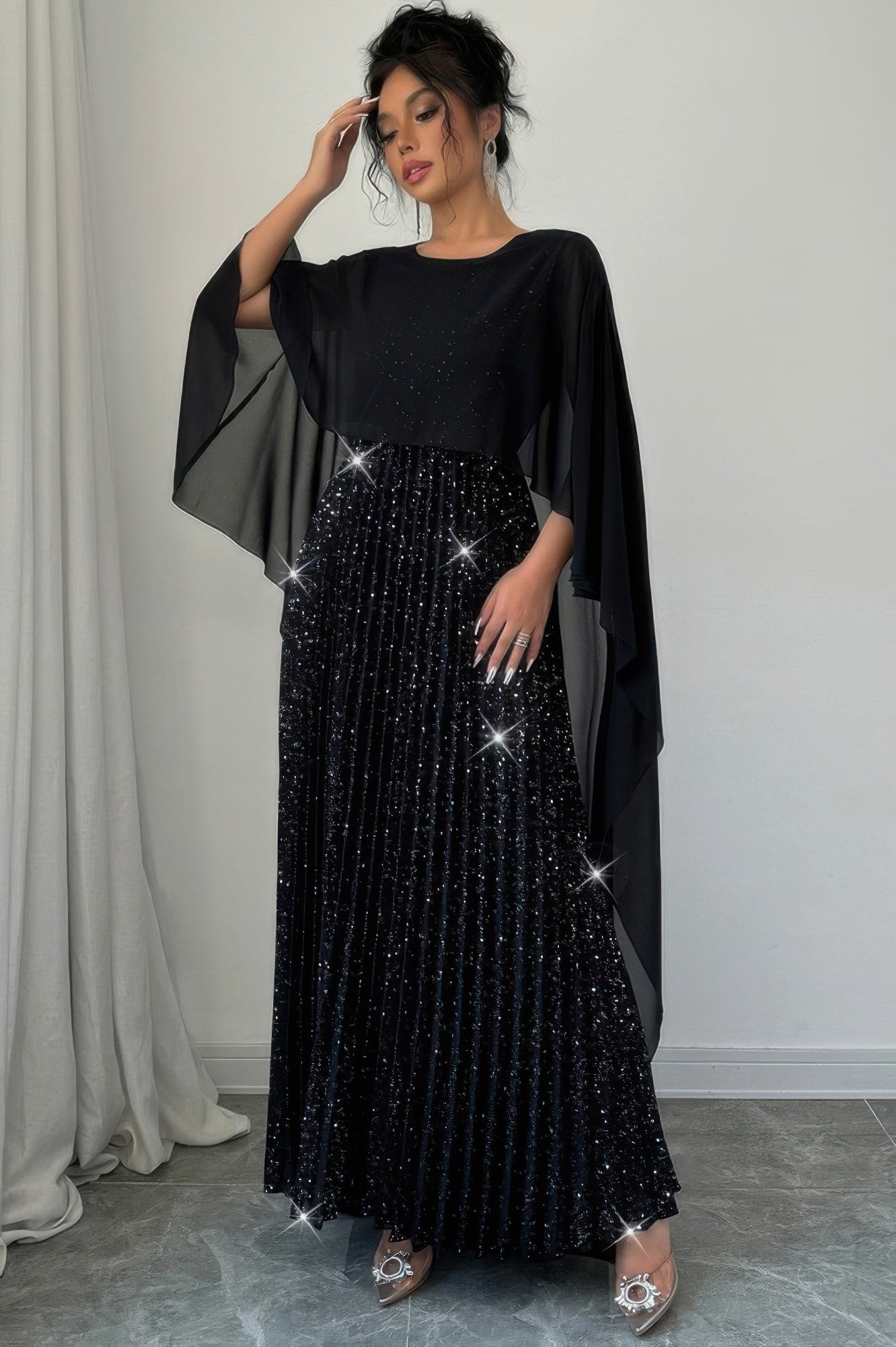 Solid Elegant Sequin Satin Knit Party Long Dress