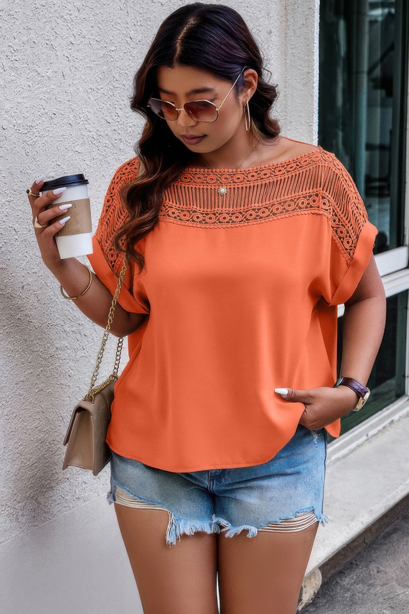 Plus Solid Round Neck Hollow Out Lace Blouse