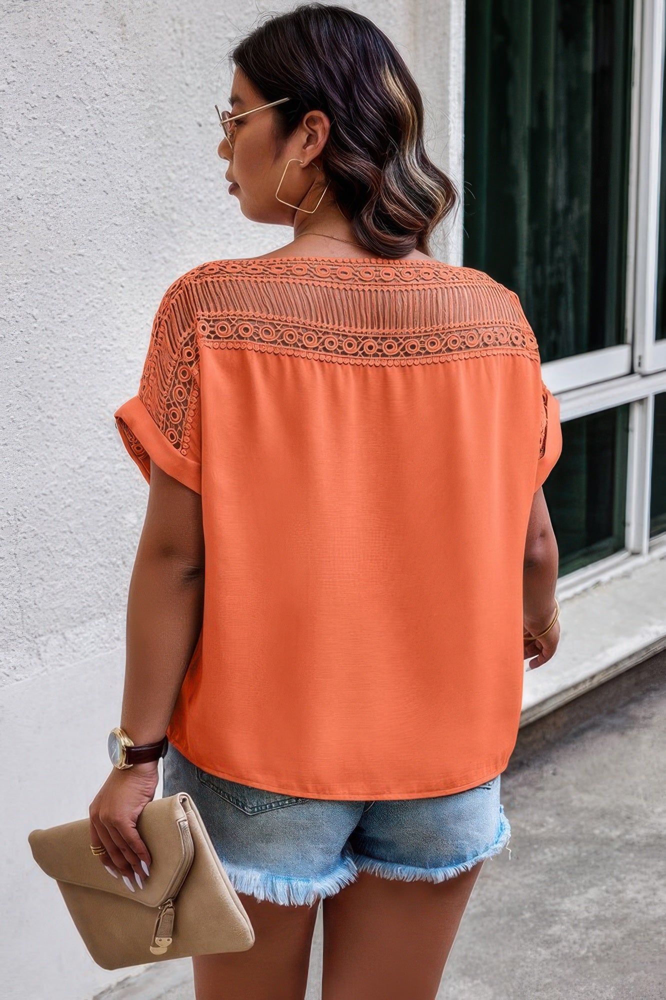 Plus Solid Round Neck Hollow Out Lace Blouse