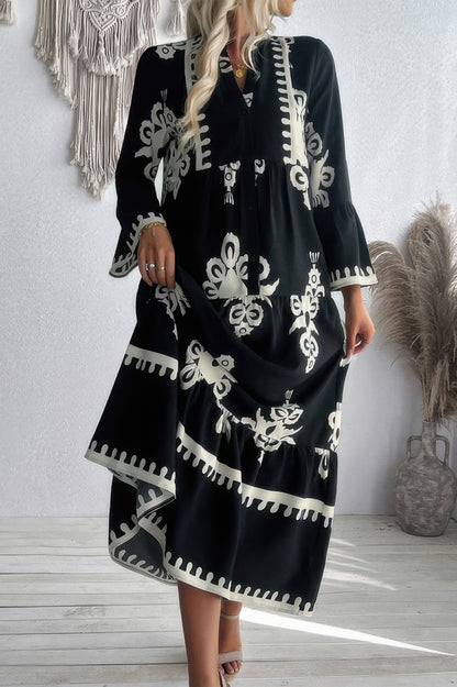 V Neck Stand Collar Button Floral Splicing Dress