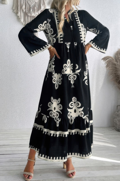 V Neck Stand Collar Button Floral Splicing Dress