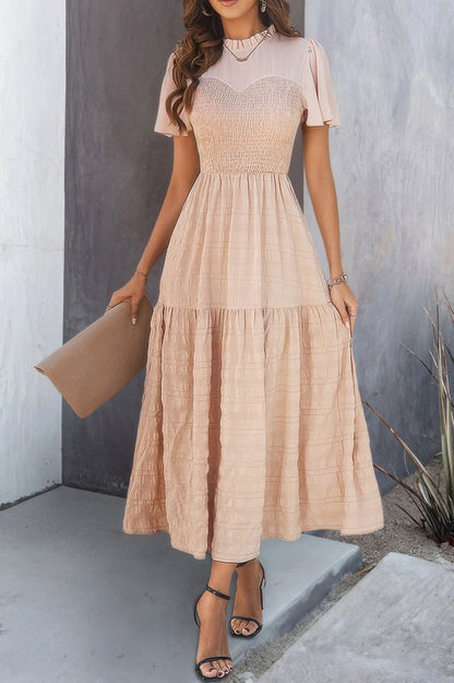 Ruffle Sleeve And Hem Top Shirred Crew Neck Dress