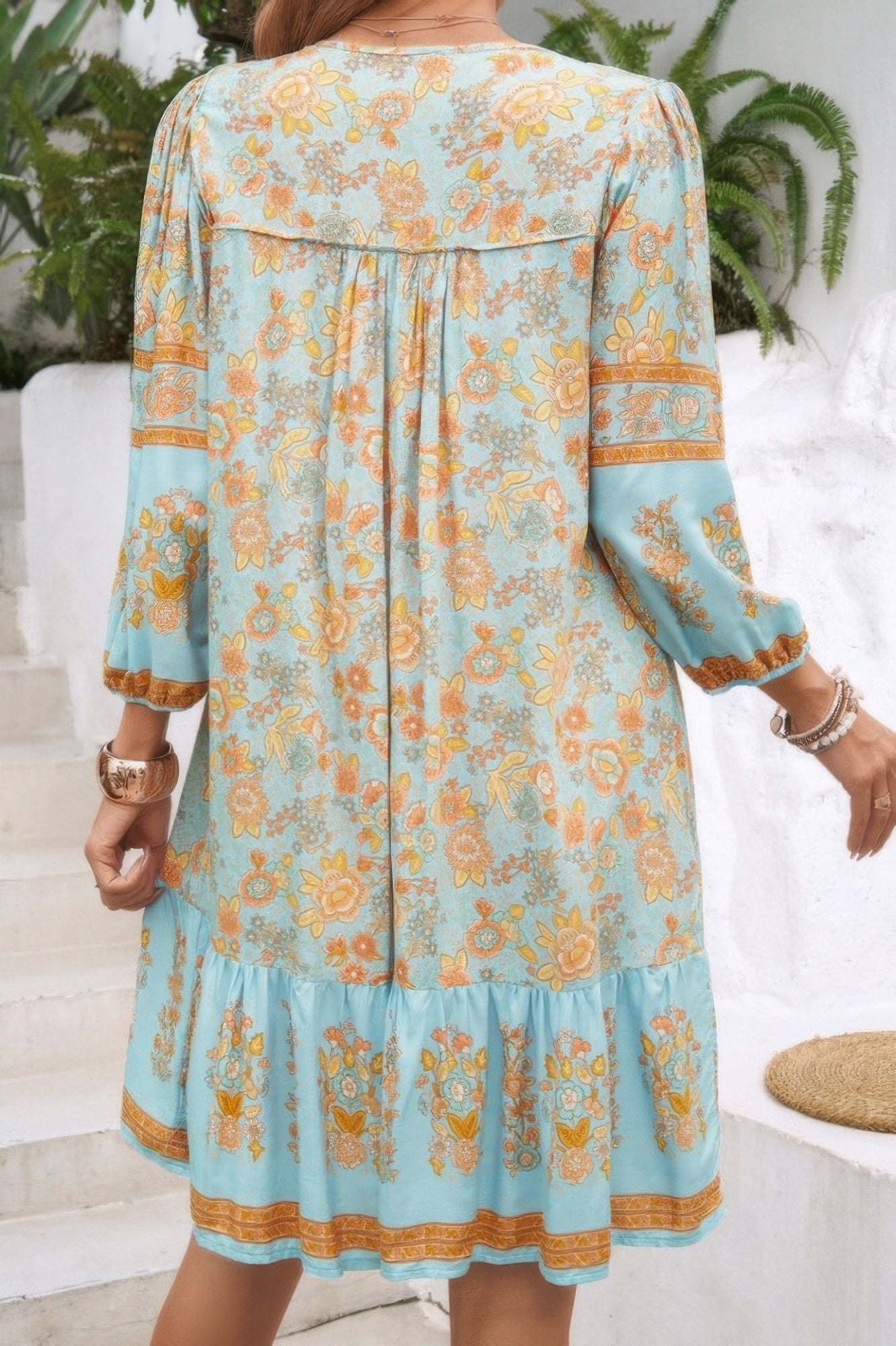 Ruched Bohe Print V Neck Ruffle Hem Tassel Dress