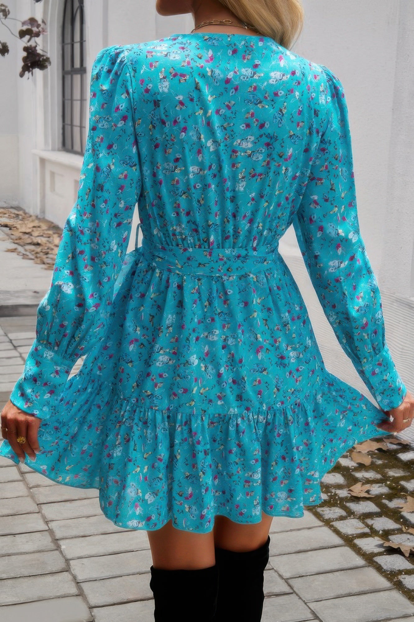 Ruffled Printed Surplice Long Sleeve Mini Dress