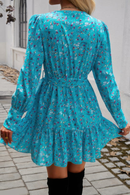 Ruffled Printed Surplice Long Sleeve Mini Dress