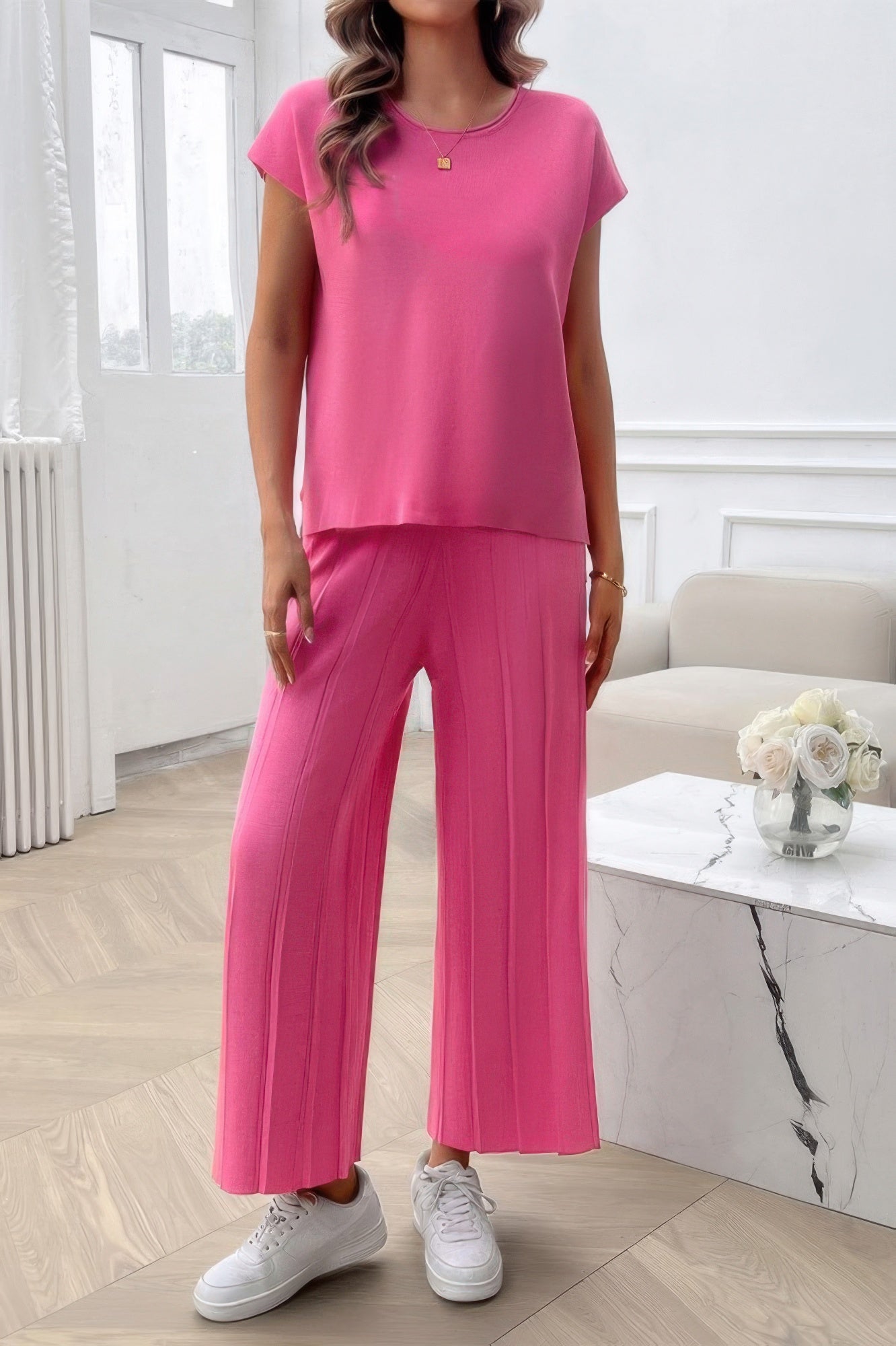 Two Pieces Short Sleeve Outfit Pullover Wide Leg Set