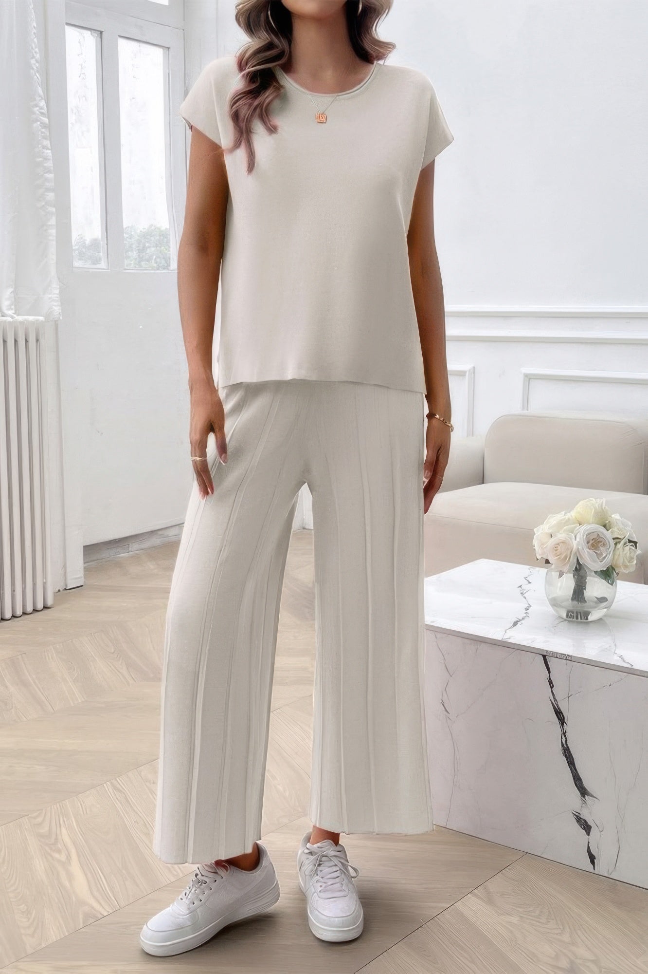 Two Pieces Short Sleeve Outfit Pullover Wide Leg Set