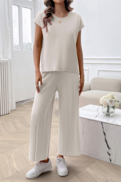 Two Pieces Short Sleeve Outfit Pullover Wide Leg Set