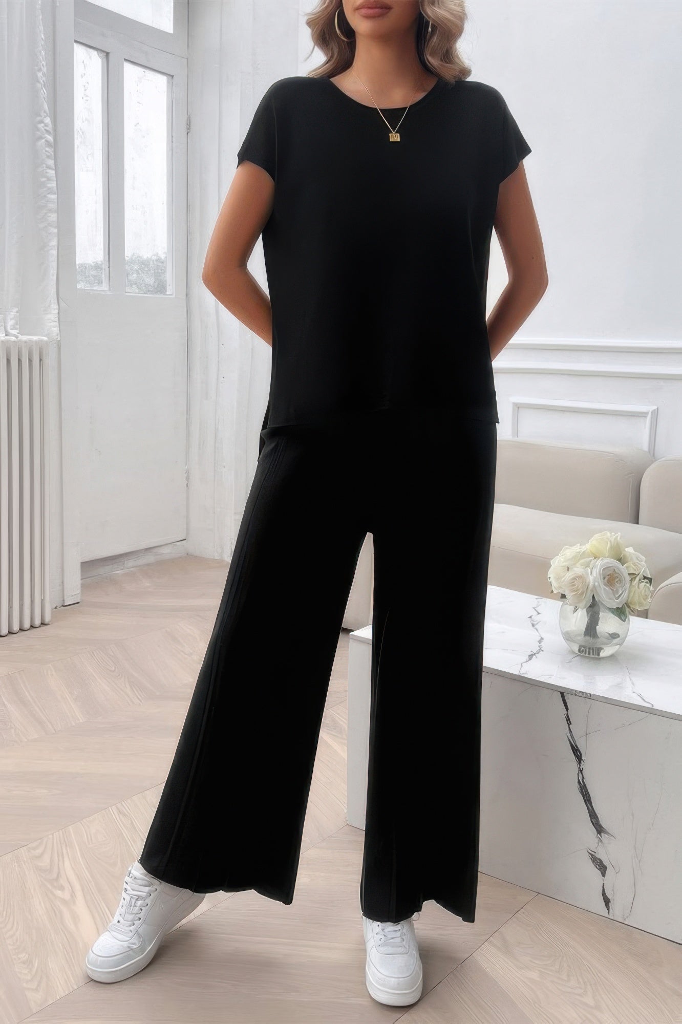 Two Pieces Short Sleeve Outfit Pullover Wide Leg Set
