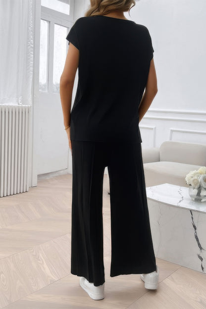 Two Pieces Short Sleeve Outfit Pullover Wide Leg Set