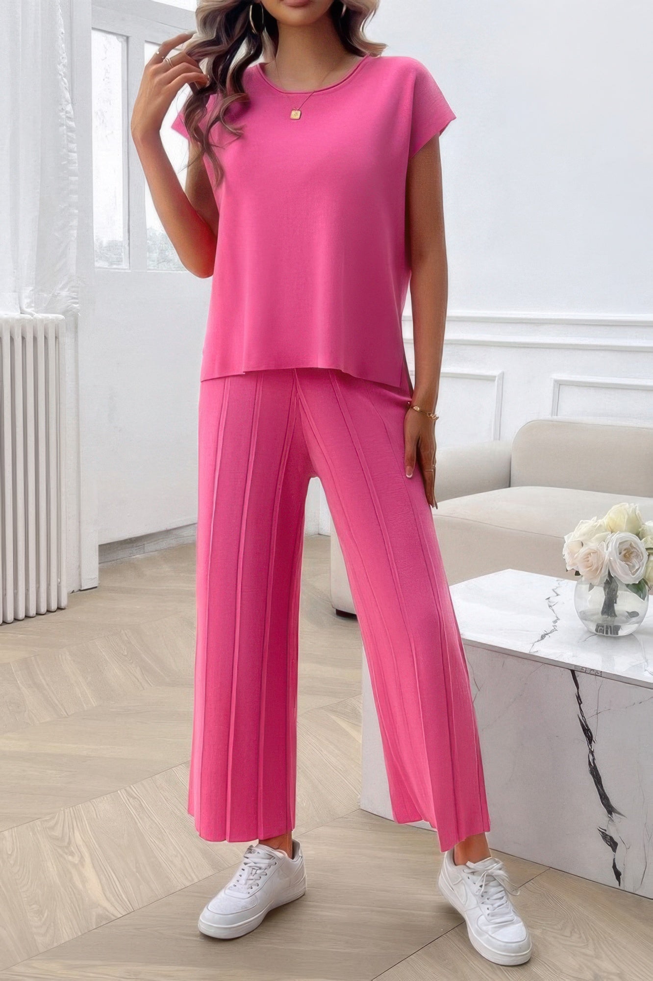 Two Pieces Short Sleeve Outfit Pullover Wide Leg Set