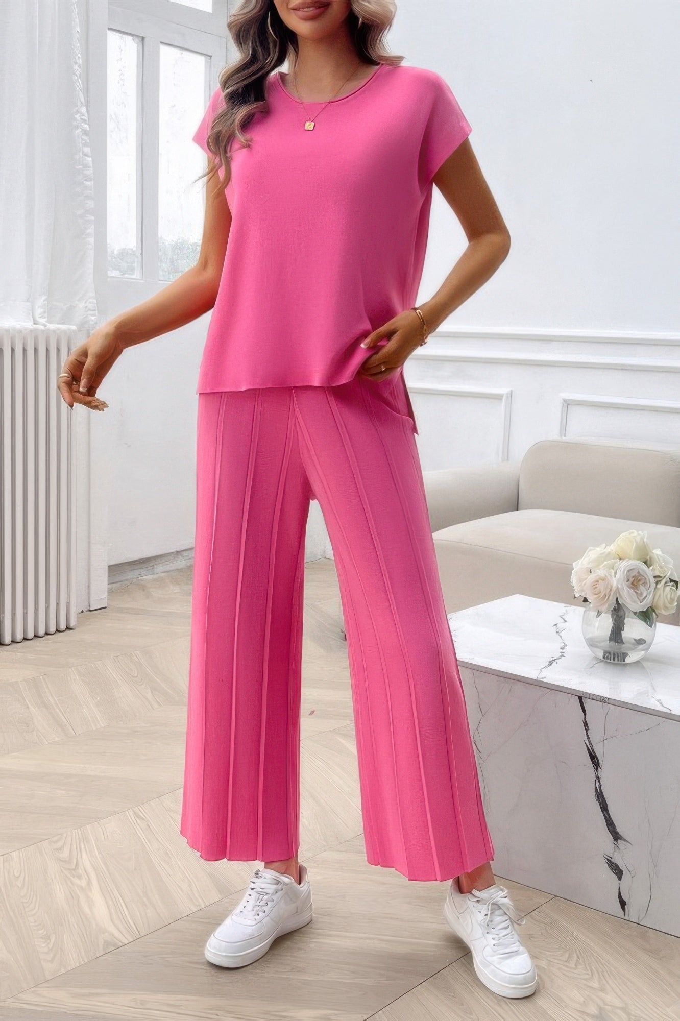 Two Pieces Short Sleeve Outfit Pullover Wide Leg Set