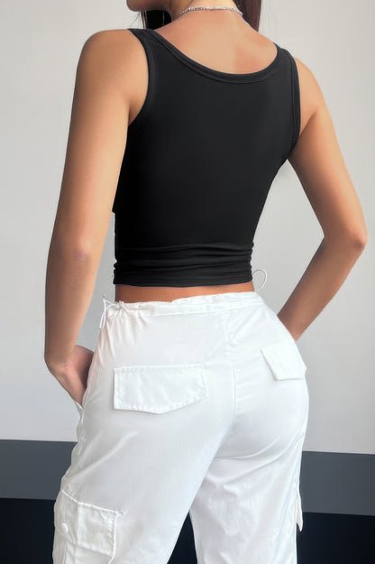 Plain Quarter Button Square Neck Fit Tank