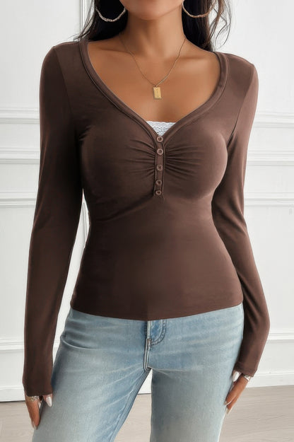 Solid Slim Fit V Neck Long Sleeve T Shirt