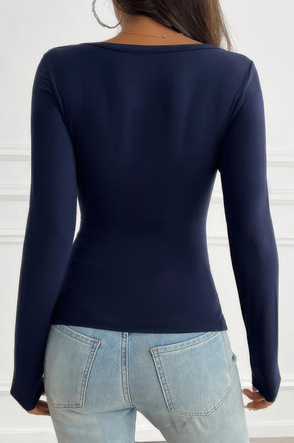 Solid Slim Fit V Neck Long Sleeve T Shirt