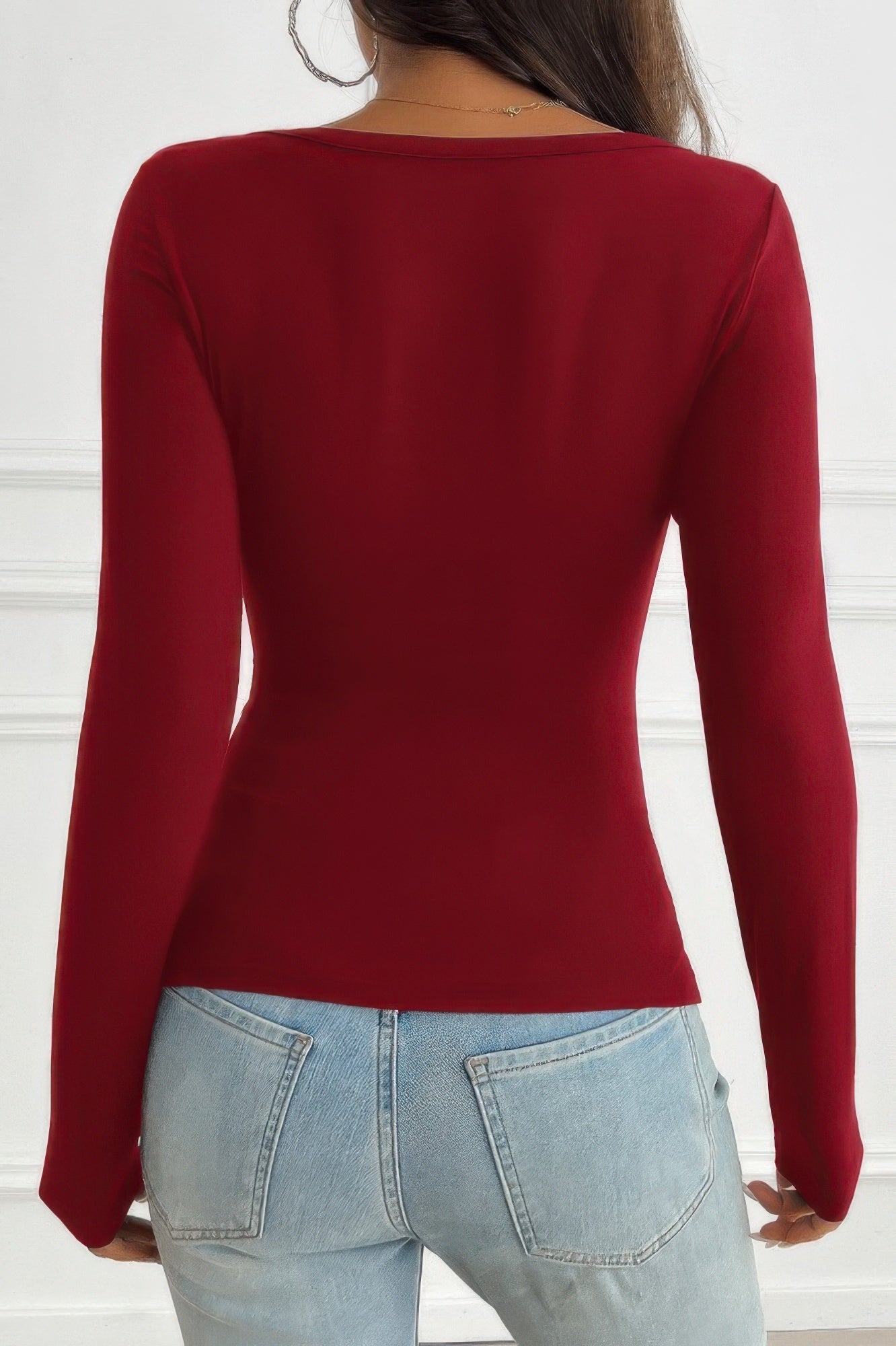 Solid Slim Fit V Neck Long Sleeve T Shirt