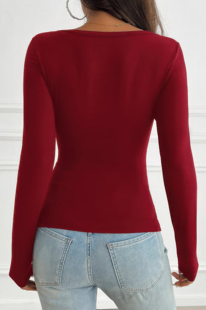Solid Slim Fit V Neck Long Sleeve T Shirt
