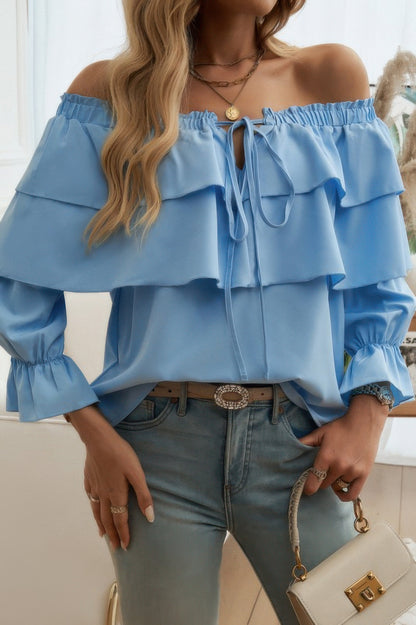 Tiered Ruffles Drawstring Ruched Neck Blouse