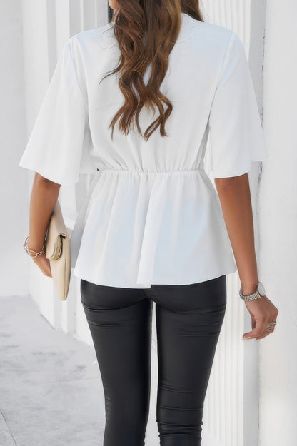 V Neck Peplum Tie Front Short Bell Sleeve Shirt