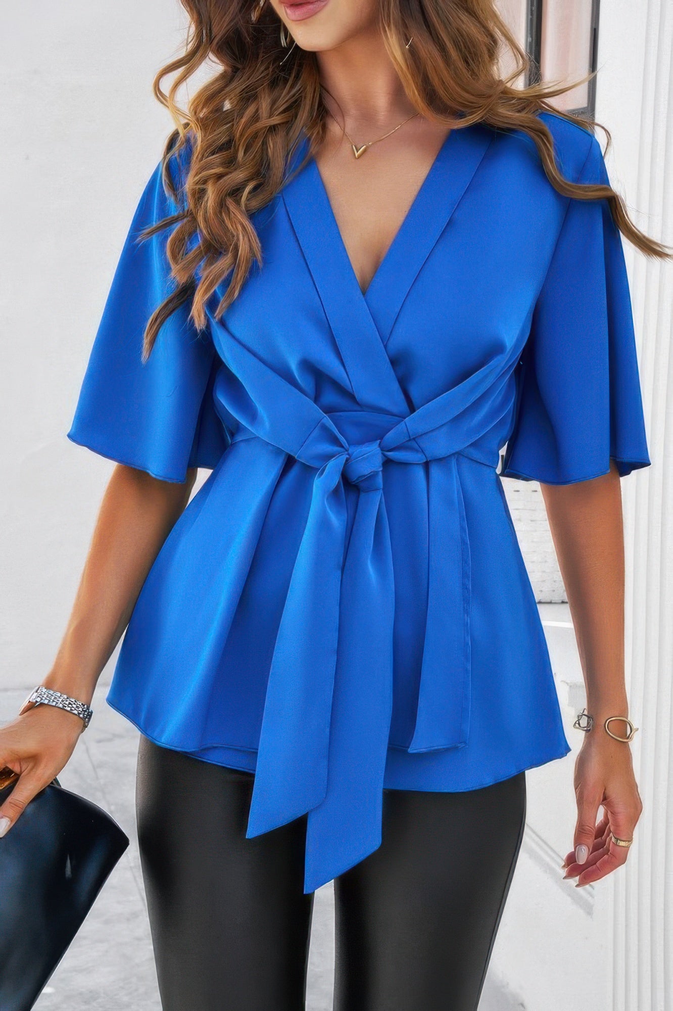 V Neck Peplum Tie Front Short Bell Sleeve Shirt