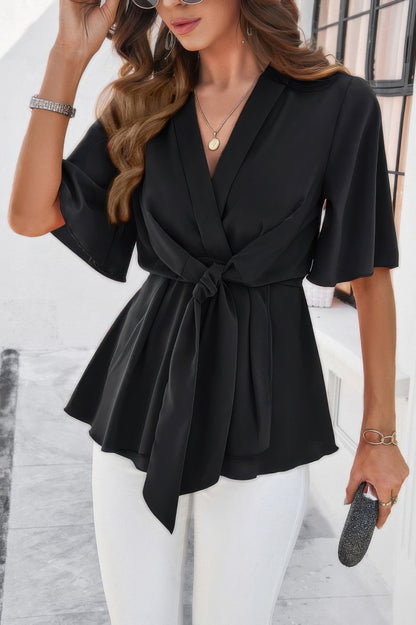 V Neck Peplum Tie Front Short Bell Sleeve Shirt