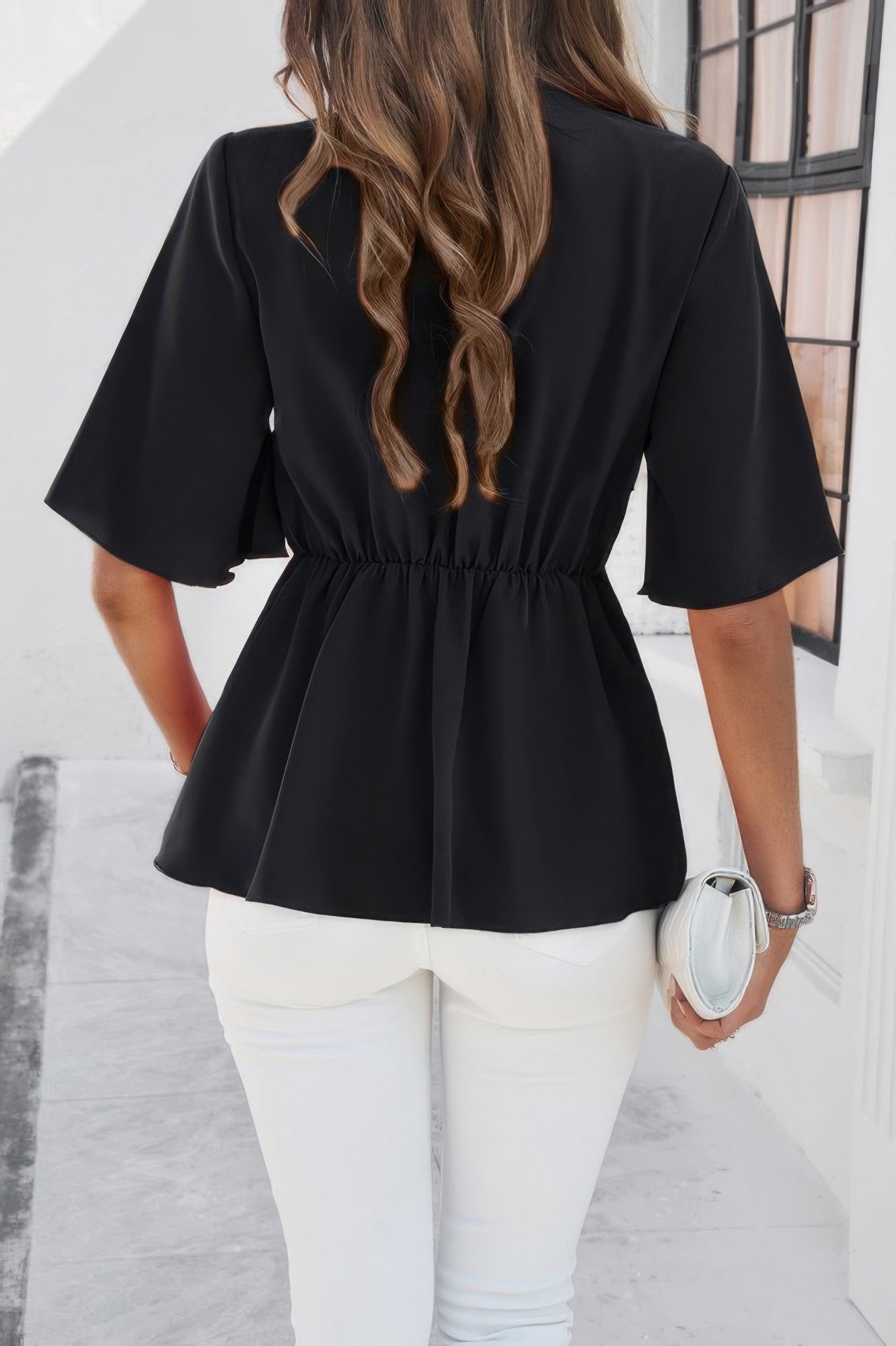 V Neck Peplum Tie Front Short Bell Sleeve Shirt