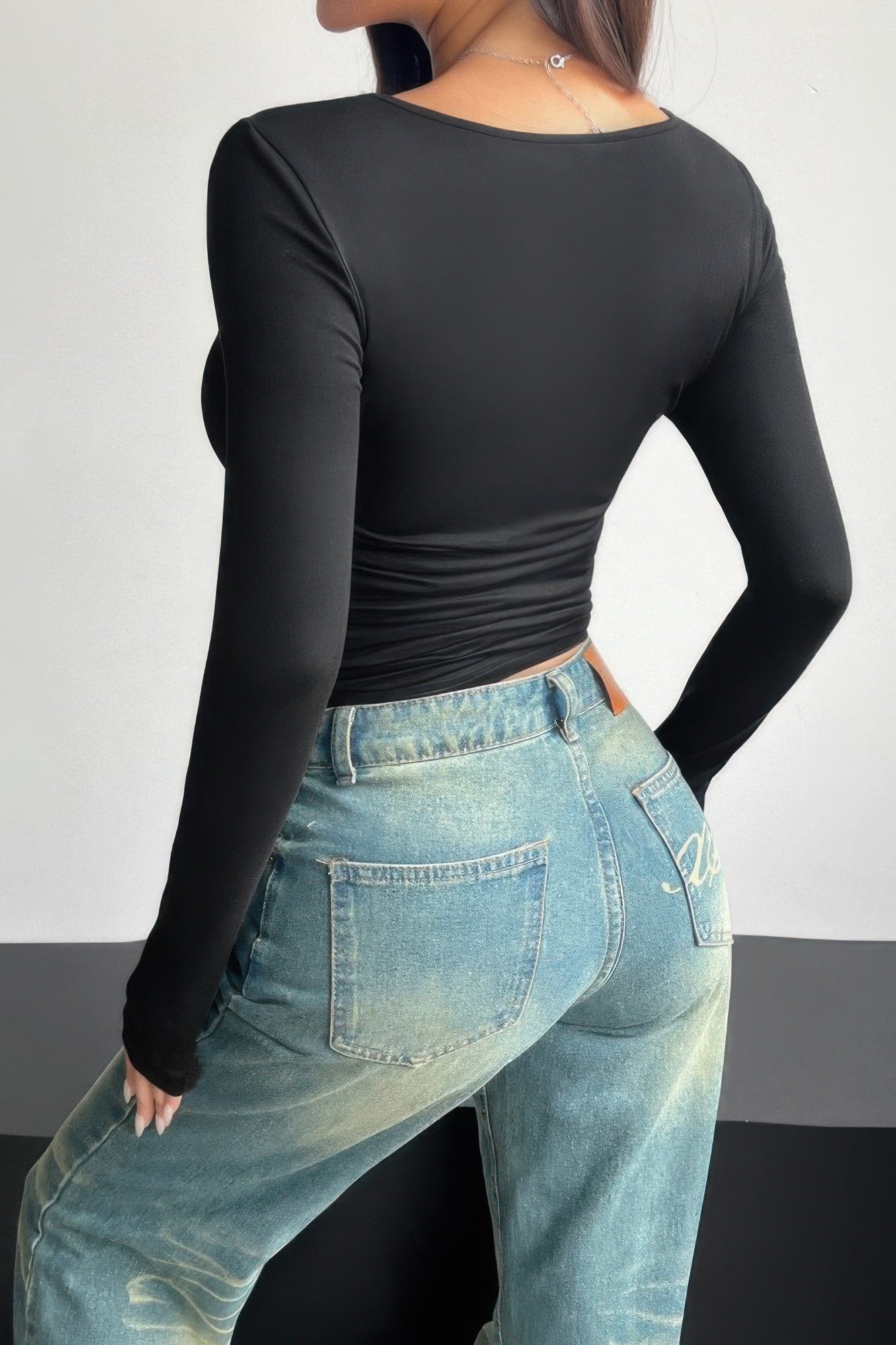 Plain Ruched Square Neck Slim T Shirt
