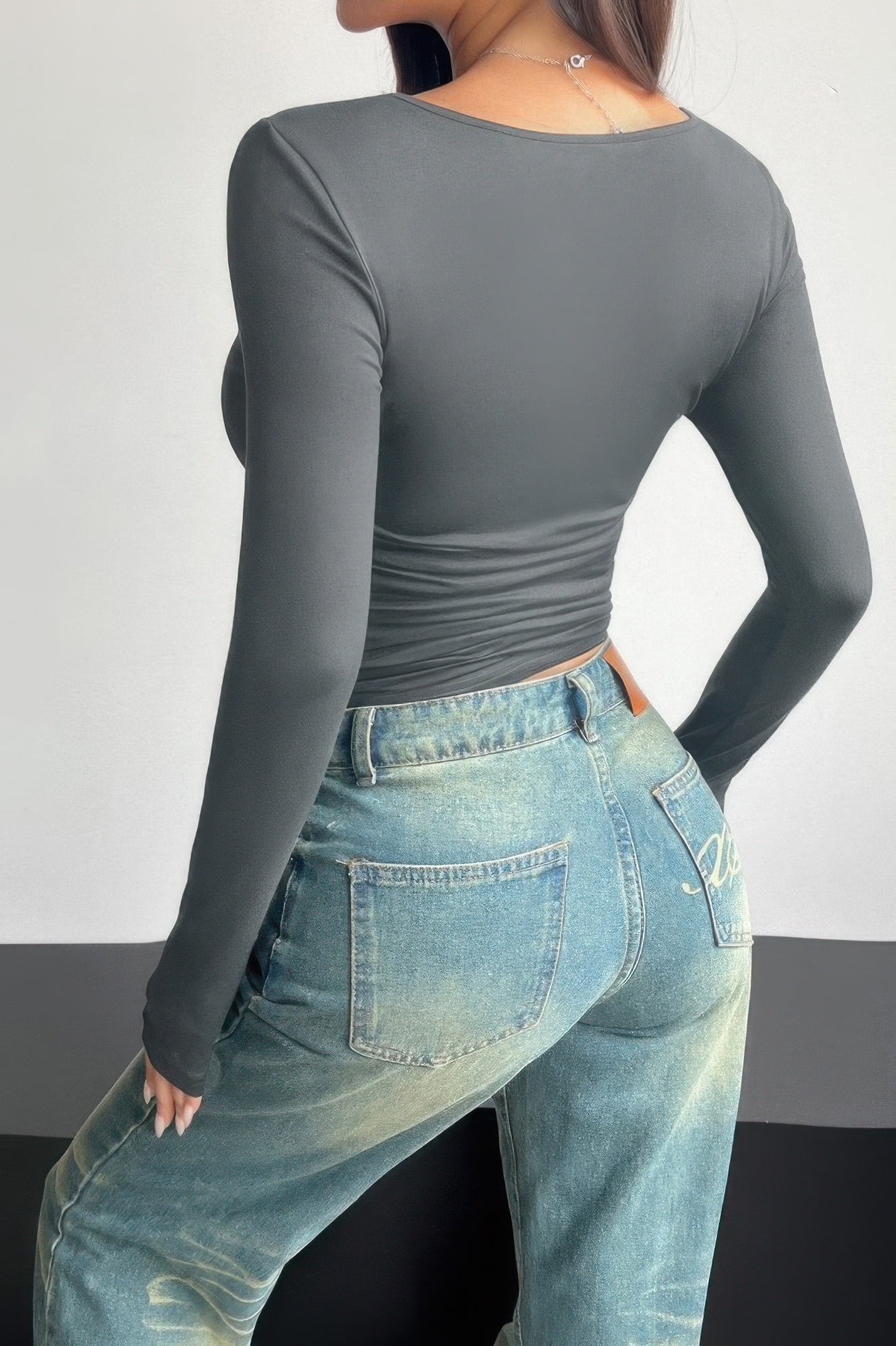 Plain Ruched Square Neck Slim T Shirt