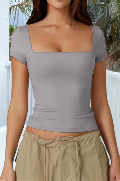 Square Neck Fit Elastic Short Sleeves Shirt