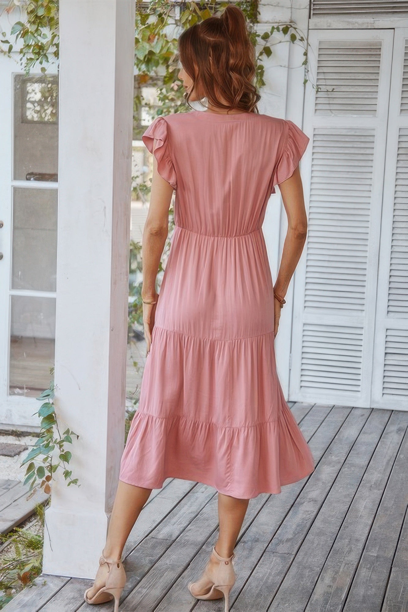 V Neck Flutter Sleeve Ruffle Hem Layered Dress