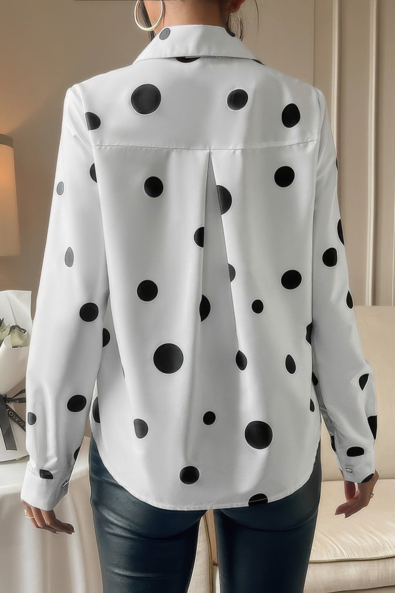 Dot Print Pocket Drop Shoulder Button Blouse