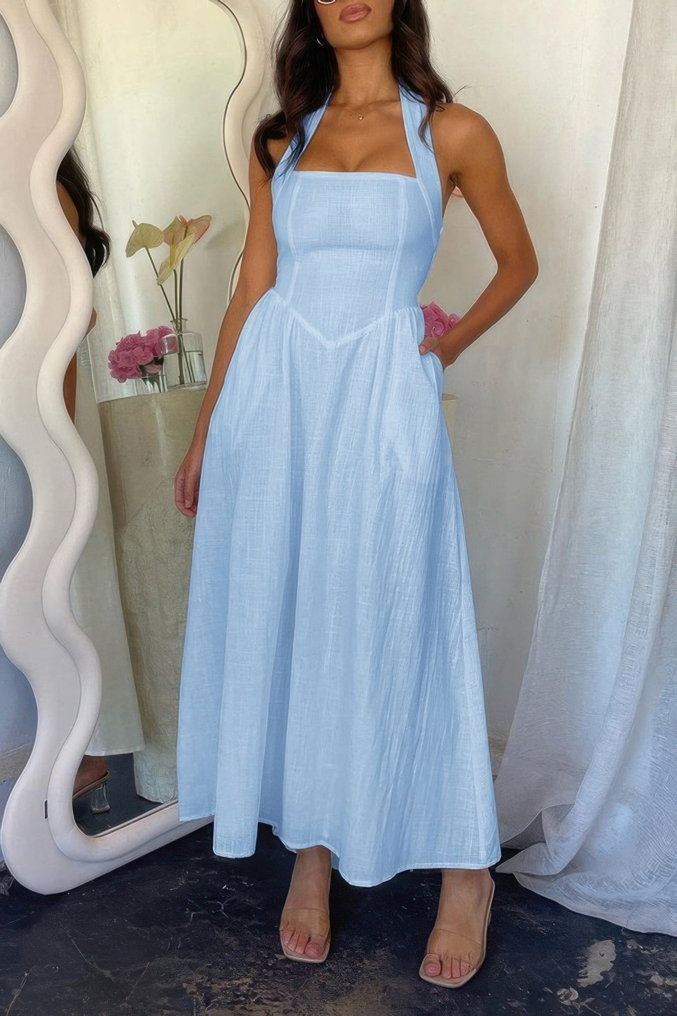 Halter Solid Pockets Sleeveless A Line Long Dress