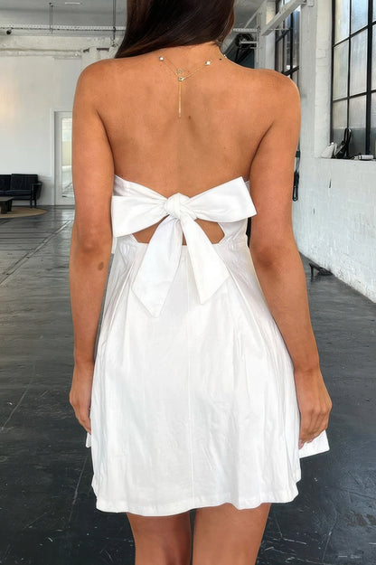 Off Shoulder Open Back Knot Pleated Mini Dress