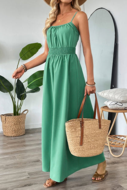 Solid Sleeveless Ruched Elactic Waist A Line Dress
