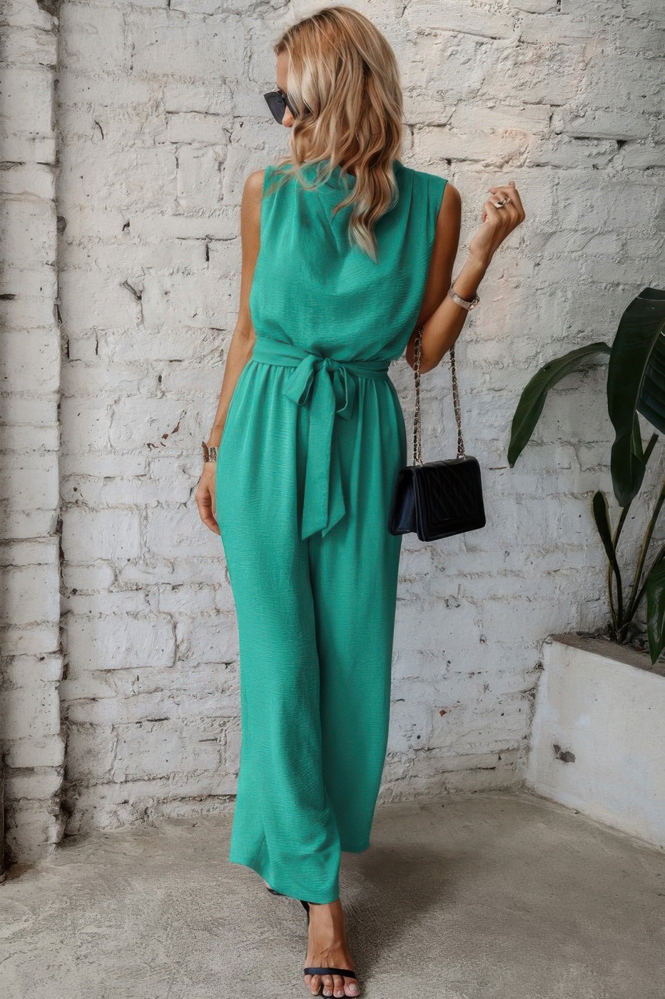 Solid Sleeveless Cut Out Back Belted Jumpsuit