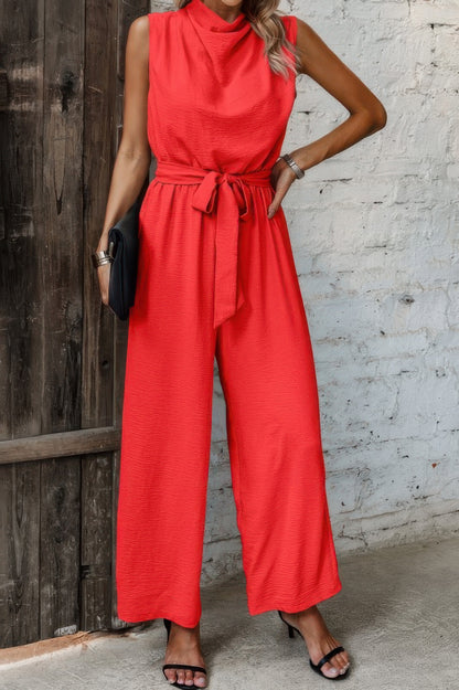 Solid Sleeveless Cut Out Back Belted Jumpsuit