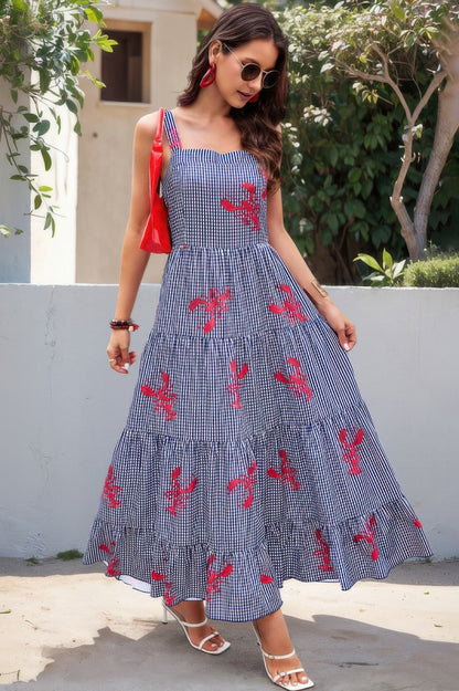 Plaid Lobster Print A Line Ruched Dress