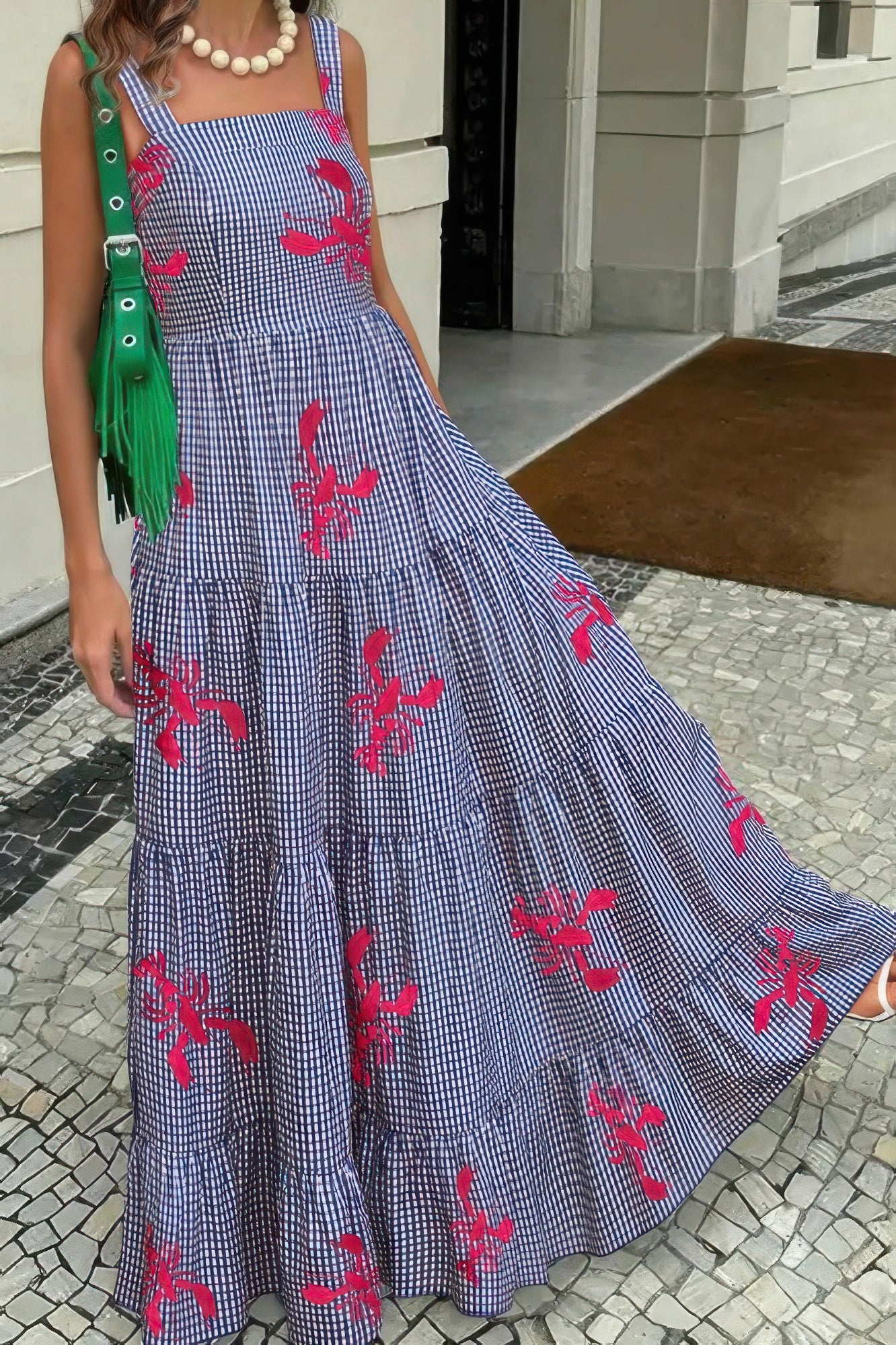 Plaid Lobster Print A Line Ruched Dress