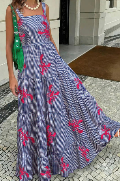 Plaid Lobster Print A Line Ruched Dress