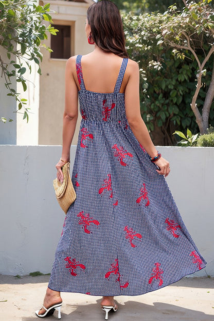 Plaid Lobster Print A Line Ruched Dress