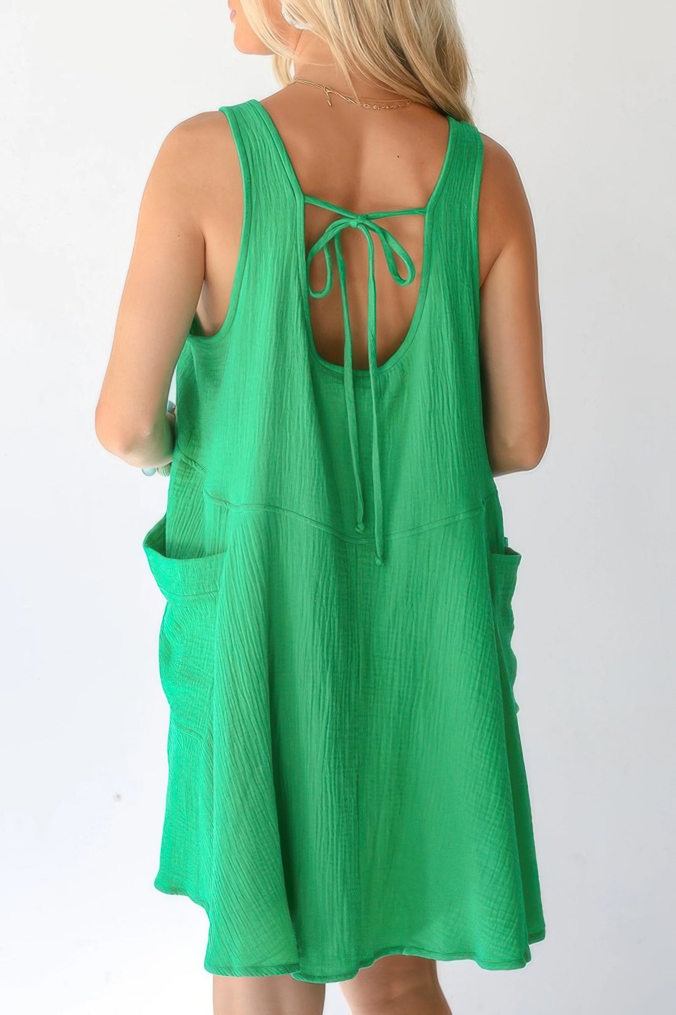 Solid A Line Pockets Low Back Knot Midi Dress