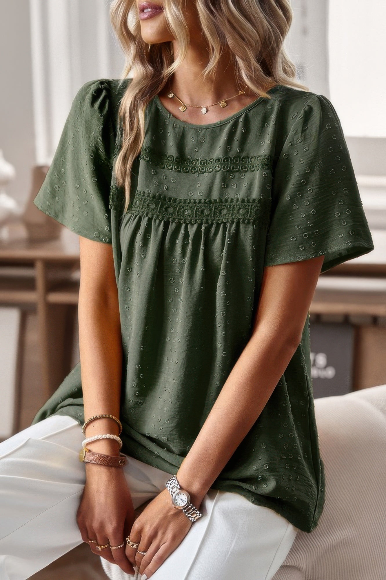 Plus Dot Cut Out Lace Trim Loose Fit Top