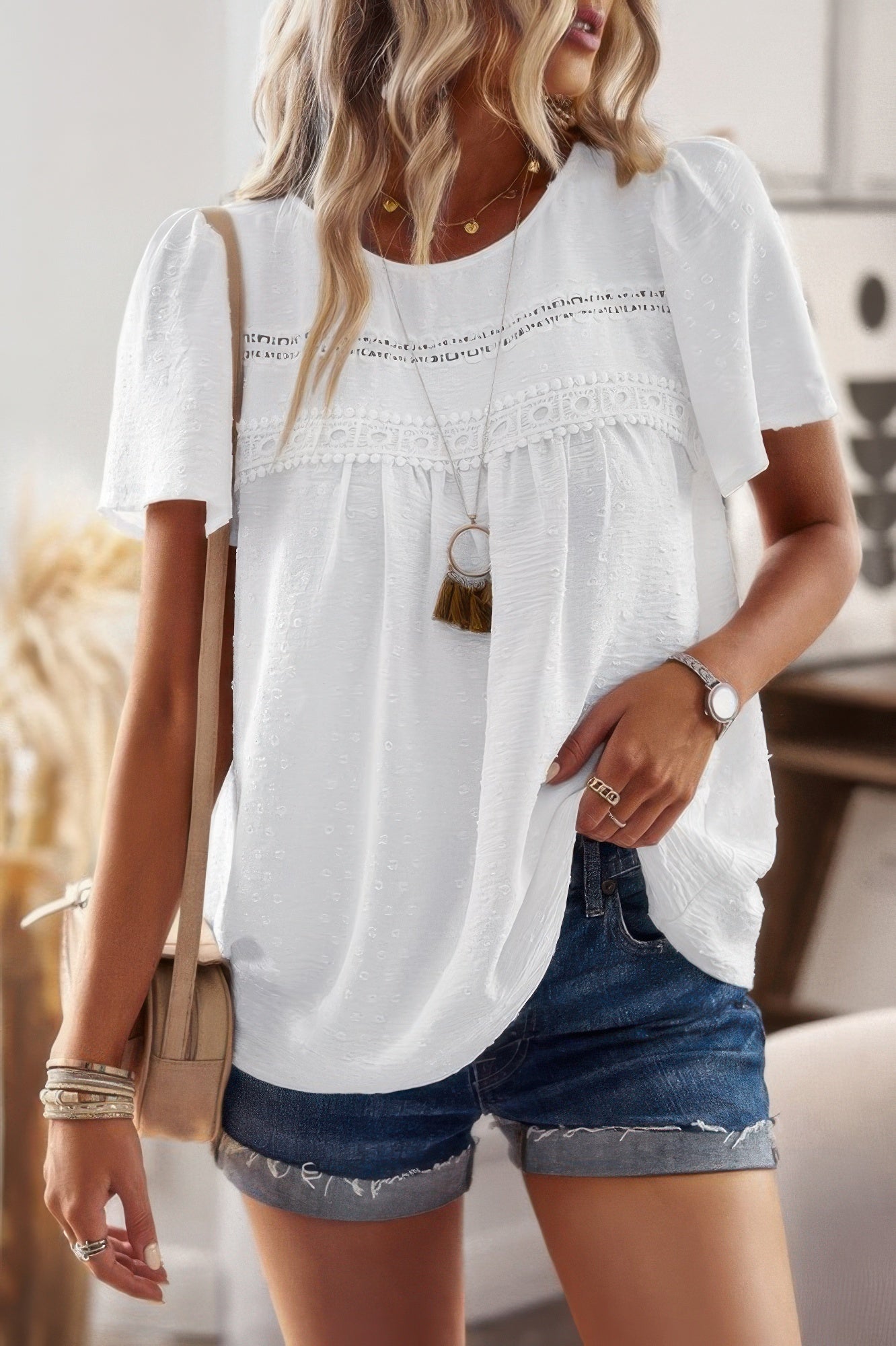 Plus Dot Cut Out Lace Trim Loose Fit Top